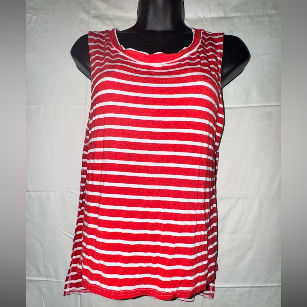 Red and White Sleeveless Top with Slits on Sides